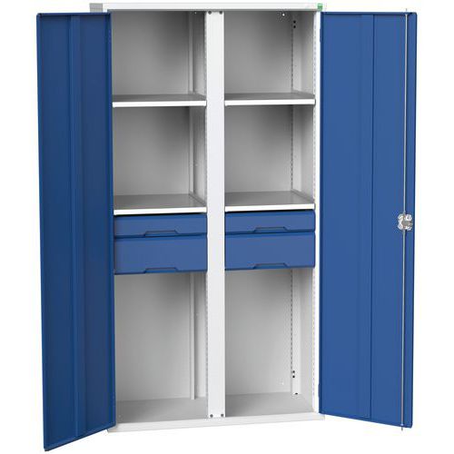 Kovová skříň pro údržbu Bott Verso, 200 x 105 x 55 cm, 4 police, 4 zásuvky, šedá-modrá
