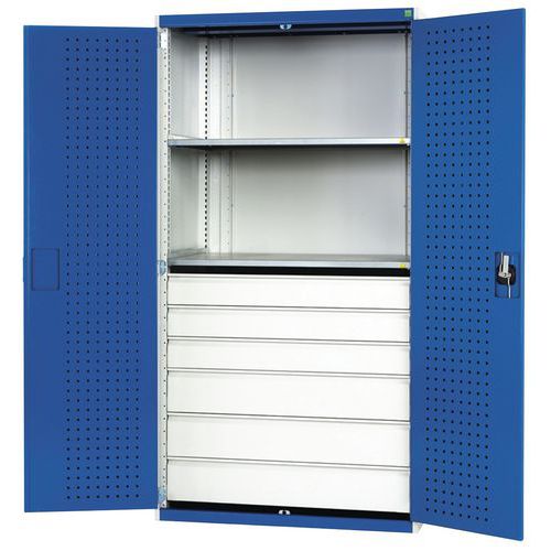 Dílenská skříň se zásuvkami Bott Cubio, 200 x 105 x 65 cm, 2 police, 6 zásuvek, šedá-modrá