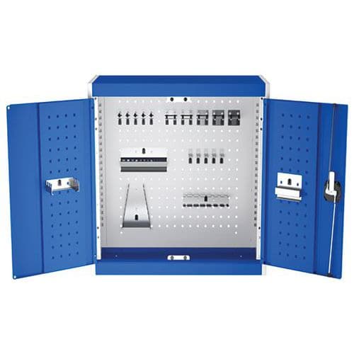 Závěsná skříňka Bott Cubio s držáky na nářadí a perfopanely, 70 x 52,5 x 32,5 cm, 20 držáků, šedá-modrá