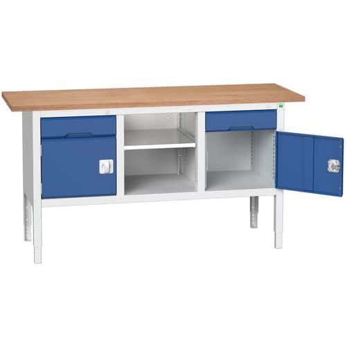 Dílenský stůl Bott Verso, výškově nastavitelný, 83-93 x 175 x 60 cm, multiplex, 2 zásuvky, 1 police, 2 skříňky, šedá-modrá