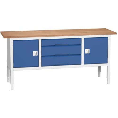 Dílenský stůl Bott Verso, výškově nastavitelný, 83-93 x 200 x 60 cm, multiplex, 3 zásuvky, 2 skříňky, šedá-modrá