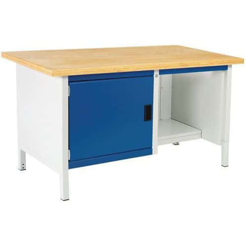 Dílenský stůl Bott Cubio Storage, 84 x 150 x 75 cm, 1 skříňka, police, multiplex, šedá-modrá