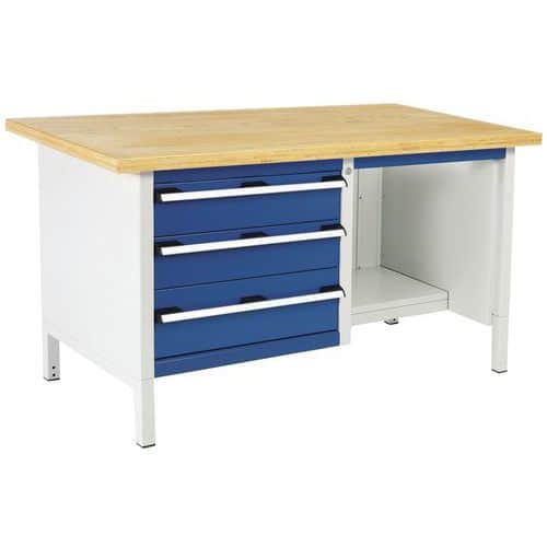 Dílenský stůl Bott Cubio Storage, 84 x 150 x 75 cm, 3 zásuvky, police, multiplex, šedá-modrá