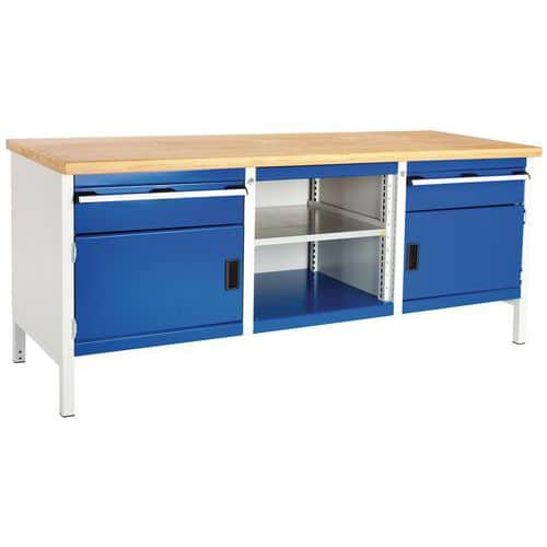 Dílenský stůl Bott Cubio Storage, 84 x 200 x 75 cm, 2 skříňky, 2 zásuvky, otevřený prostor s policí, multiplex, šedá-modrá