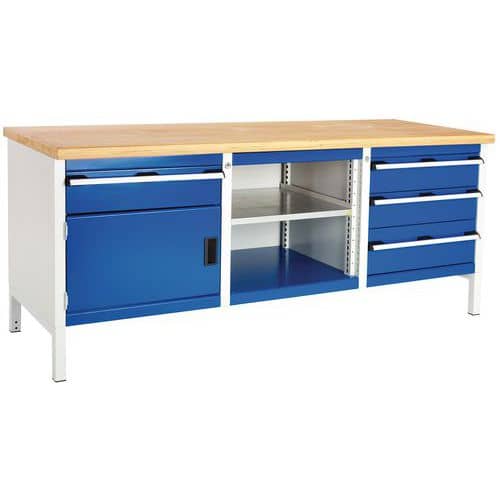 Dílenský stůl Bott Cubio Storage, 84 x 200 x 75 cm, 1 skříňky, 4 zásuvky, otevřený prostor s policí, multiplex, šedá-modrá
