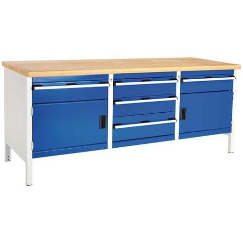 Dílenský stůl Bott Cubio Storage, 84 x 200 x 75 cm, 2 skříňky, 5 zásuvek, multiplex, šedá-modrá