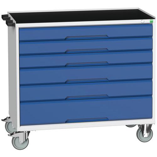Mobilní pracovní stůl se zásuvkami Bott Verso, 96,5 x 105 x 55 cm, 6 zásuvek, rohož, šedá-modrá