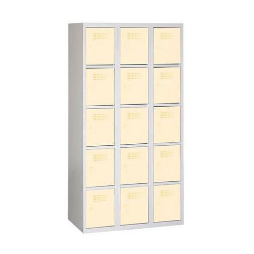 Svařovaná šatní skříň Eric odlehčená, 15 boxů, cylindrický zámek, šedá/béžová