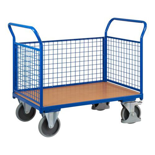 Plošinový vozík se dvěma madly s mřížovou výplní a boční stěnou, do 500 kg, 101,5 x 119 x 70 cm, modrý