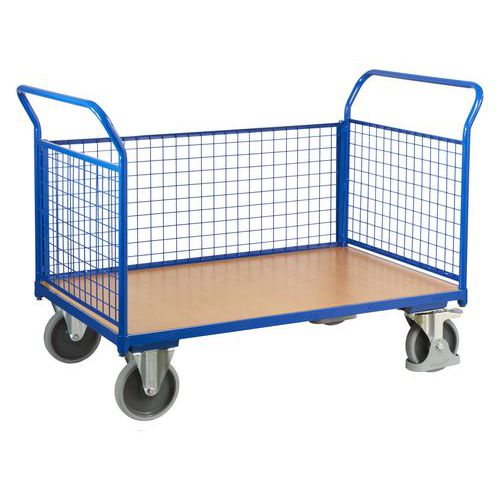 Plošinový vozík se dvěma madly s mřížovou výplní a boční stěnou, do 500 kg, 101,5 x 139 x 80 cm, modrý
