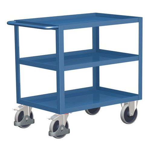 Policový vozík s madlem, do 400 kg, 3 police s vyvýšenými hranami, 91 x 98,5 x 50 mm, modrý