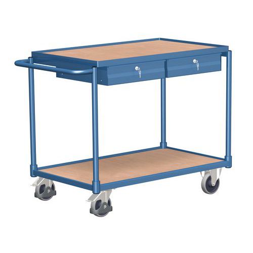 Policový vozík s madlem a zásuvkami, do 250 kg, 2 police, 85 x 117,5 x 62,5 cm, modrý
