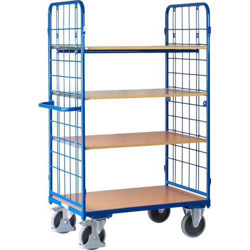 Vysoký policový vozík s madlem a mřížovými bočnicemi, do 500 kg, 4 police, 182 x 118,5 x 72 cm, modrý