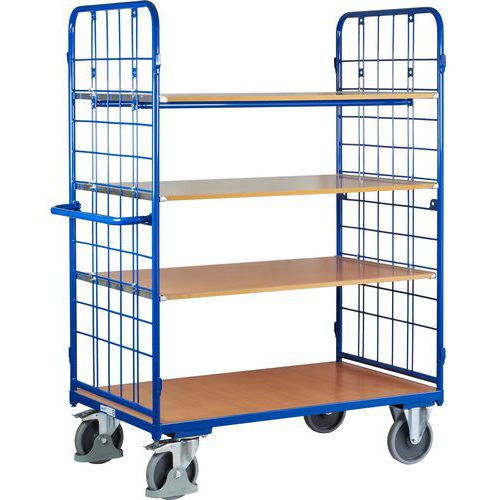 Vysoký policový vozík s madlem a mřížovými bočnicemi, do 500 kg, 4 police, 182 x 138,5 x 82 cm, modrý