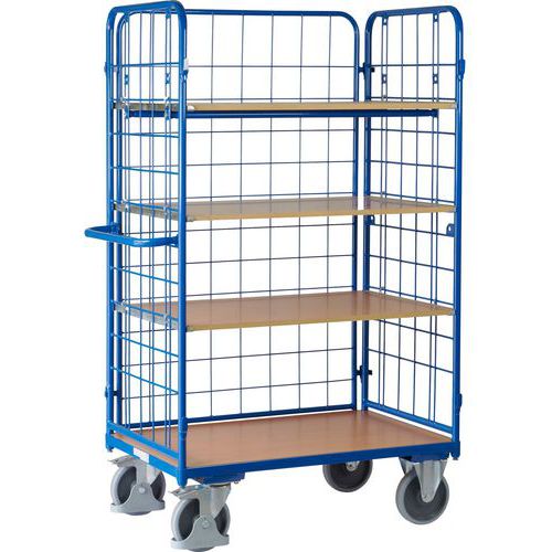 Vysoký policový vozík s madlem a mřížovými bočnicemi, do 500 kg, 4 police, 182 x 119 x 72,5 cm, modrý