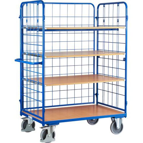 Vysoký policový vozík s madlem a mřížovými bočnicemi, do 500 kg, 4 police, 182 x 139 x 82,5 cm, modrý