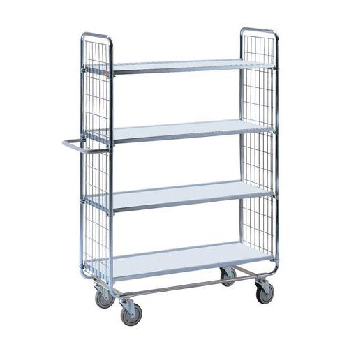 Policový vozík Ergobjorn s madlem a mřížovými bočnicemi, do 200 kg, 4 police, 158,5 x 93 x 46 cm