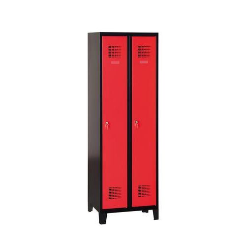 Svařovaná šatní skříň Patrick na nohách, 2 oddíly, cylindrický zámek, černá/červená