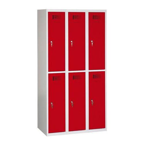 Svařovaná šatní skříň Rafael odlehčená, 6 oddílů, cylindrický zámek, šedá/červená