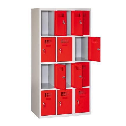 Svařovaná šatní skříň Eric odlehčená, 12 boxů, cylindrický zámek, šedá/červená