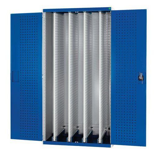 Dílenská skříň Bott Cubio s výsuvnými perfopanely, 200 x 105 x 65 cm, plné dveře, šedá-modrá