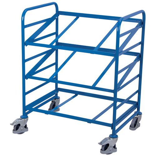 Policový vozík Euro na přepravky se šikmými policemi, 3 police, 93,5 x 66,5 x 112,5 cm, modrý