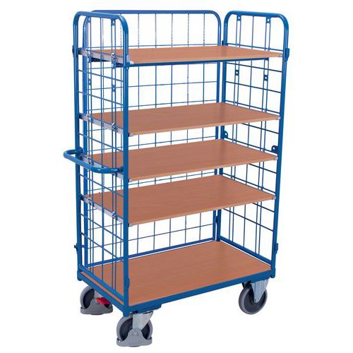 Policový vozík se 3 mřížovými stěnami, 5 polic, do 500 kg, 119 x 62,5 x 182 cm, modrý