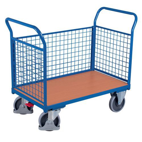 Plošinový vozík se dvěma madly s mřížovou výplní a boční stěnou, do 500 kg, 101,5 x 119 x 60 cm, modrý