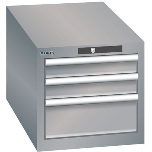 Dílenská zásuvková skřín Lista, 3 zásuvky: 2x75mm + 1x 150mm, 411x725x383 mm, šedá/stříbrmá