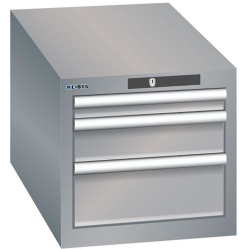 Dílenská zásuvková skřín Lista, 3 zásuvky: 1x50mm + 1x100mm + 1x 150mm, 411x725x383 mm, šedá/stříbrná