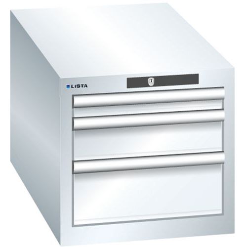 Dílenská zásuvková skřín Lista, 3 zásuvky: 1x50mm + 1x100mm + 1x 150mm, 411x725x383 mm, bílá