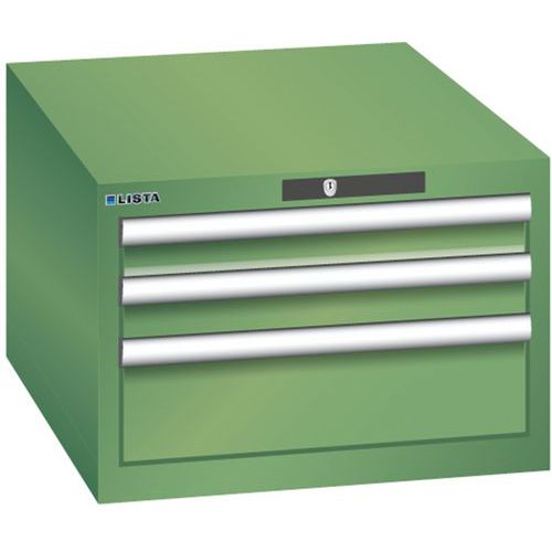 Dílenská zásuvková skříň LISTA, 3 zásuvky = 2x 75 + 1x 150mm , 564x725x383mm, zelená