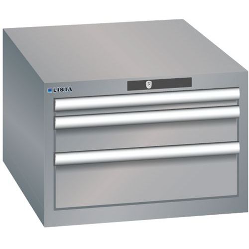 Dílenská zásuvková skříň LISTA, 3 zásuvky = 1x 50 + 1x 100 + 1x 150mm , 564x725x383mm, šedá/stříbrná