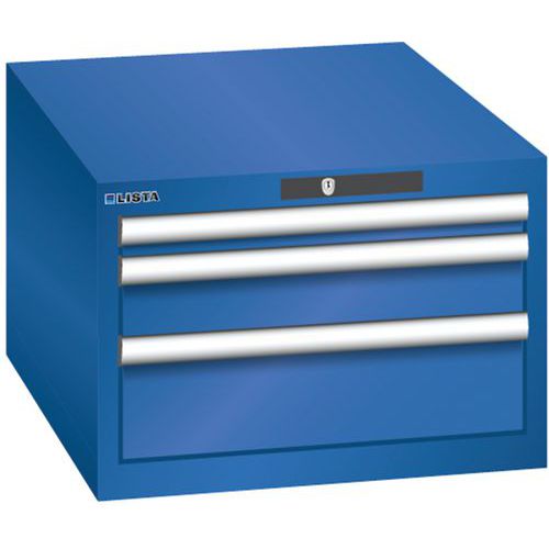 Dílenská zásuvková skříň LISTA, 3 zásuvky = 1x 50 + 1x 100 + 1x 150mm , 564x725x383mm, fluorescentní modrá