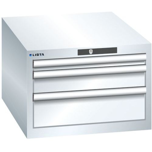 Dílenská zásuvková skříň LISTA, 3 zásuvky = 1x 50 + 1x 100 + 1x 150mm , 564x725x383mm, bílá