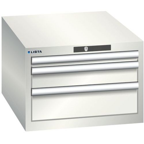 Dílenská zásuvková skříň LISTA, 3 zásuvky = 1x 50 + 1x 100 + 1x 150mm , 564x725x383mm, světle šedá