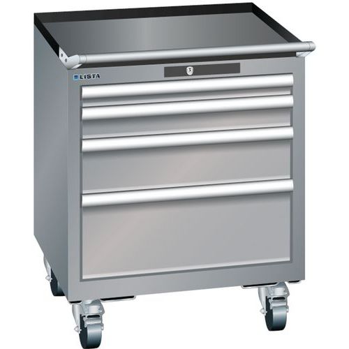 Mobilní dílenská zásuvková skříň LISTA, 411x725x723 mm, 4 zásuvky, šedá/sříbrná
