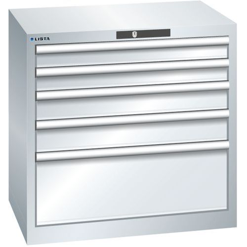 Dílenská zásuvková skříň LISTA, 5 zásuvek = 2x75 + 2x100 + 1x250 mm, 717x572x700mm, šedá