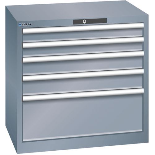 Dílenská zásuvková skříň LISTA, 5 zásuvek = 2x75 + 2x100 + 1x250 mm, 717x572x700mm, tmavě šedá