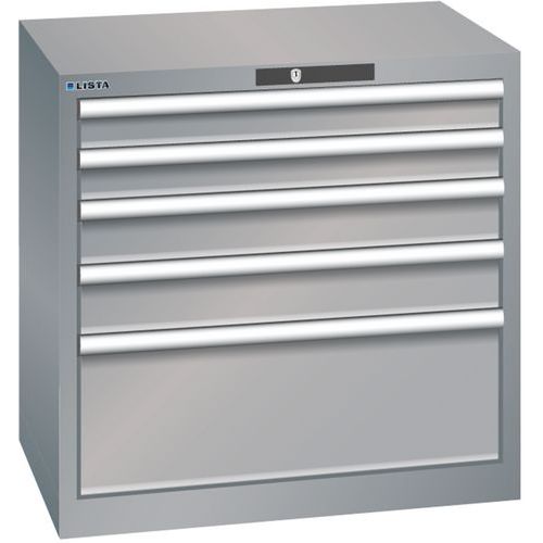 Dílenská zásuvková skříň LISTA, 5 zásuvek = 2x75 + 2x100 + 1x250 mm, 717x572x700mm, šedá/stříbrná