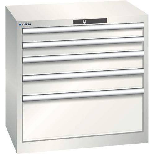 Dílenská zásuvková skříň LISTA, 5 zásuvek = 2x75 + 2x100 + 1x250 mm, 717x572x700mm, světle šedá