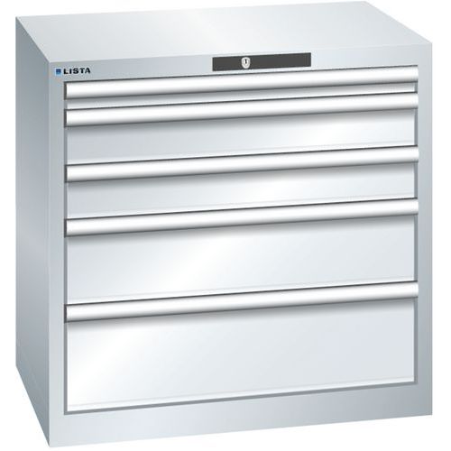Dílenská zásuvková skříň LISTA, 5 zásuvek = 1x50 + 2x100 + 1x150 + 1x200mm, 717x572x700mm, šedá