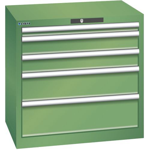 Dílenská zásuvková skříň LISTA, 5 zásuvek = 1x50 + 2x100 + 1x150 + 1x200mm, 717x572x700mm, zelená