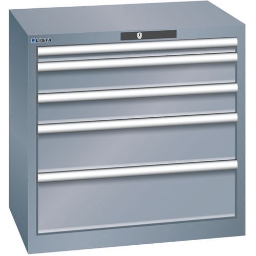 Dílenská zásuvková skříň LISTA, 5 zásuvek = 1x50 + 2x100 + 1x150 + 1x200mm, 717x572x700mm, tmavě šedá