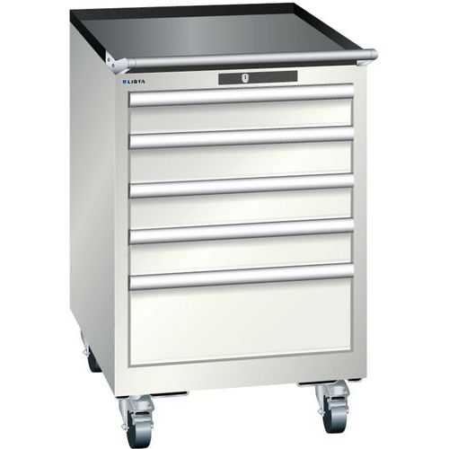 Mobilní dílenská zásuvková skříň Lista, 5 zásuvek: 4x100mm + 1x200mm, světle šedá