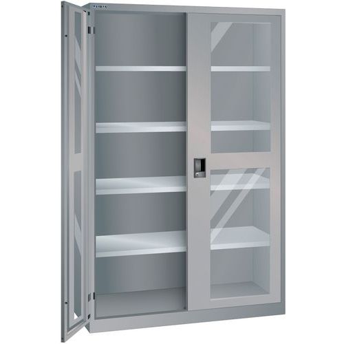 Dílenská skříň LISTA s policemi, 1250x500x1950mm, dveře s plexisklem, šedá/stříbrná