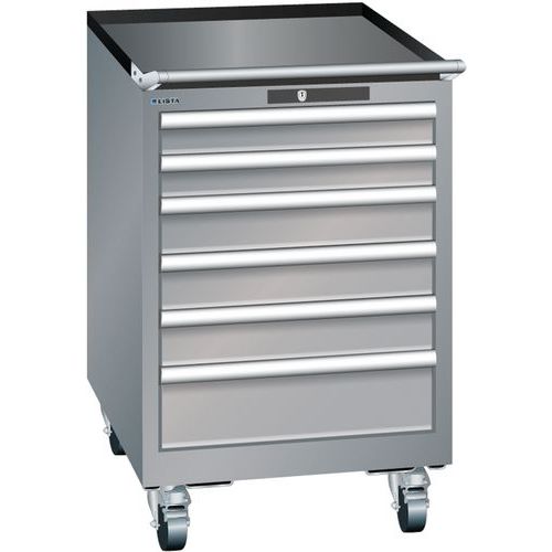 Mobilní dílenská zásuvková skříň Lista, 6 zásuvek: 2x75mm + 3x100mm + 1x150mm, šedá/střibrná