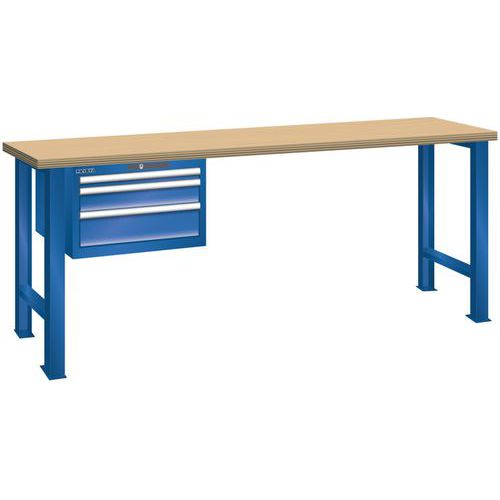 Dílenský pracovní stůl LISTA, 1500x700x840mm, 3 zásuvky, nosnost 600 kg, fluorescentně modrá