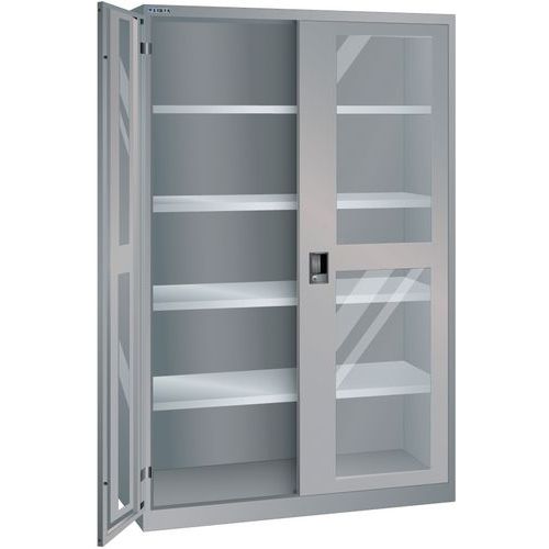 Dílenská skříň LISTA s policemi, 1250x580x1950mm, dveře s plexisklem, šedá/stříbrná
