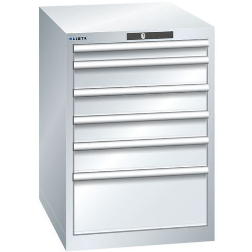 Dílenská zásuvková skříň LISTA, 6 zásuvek = 1x 75 + 3x 100 + 1x 150 + 1x 250mm, 564x725x850mm, šedá